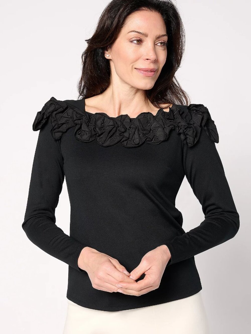 BEAUTIFUL by Lawrence Zarian Silky Ponte Top Rosette Detail, Black Sz L a630468